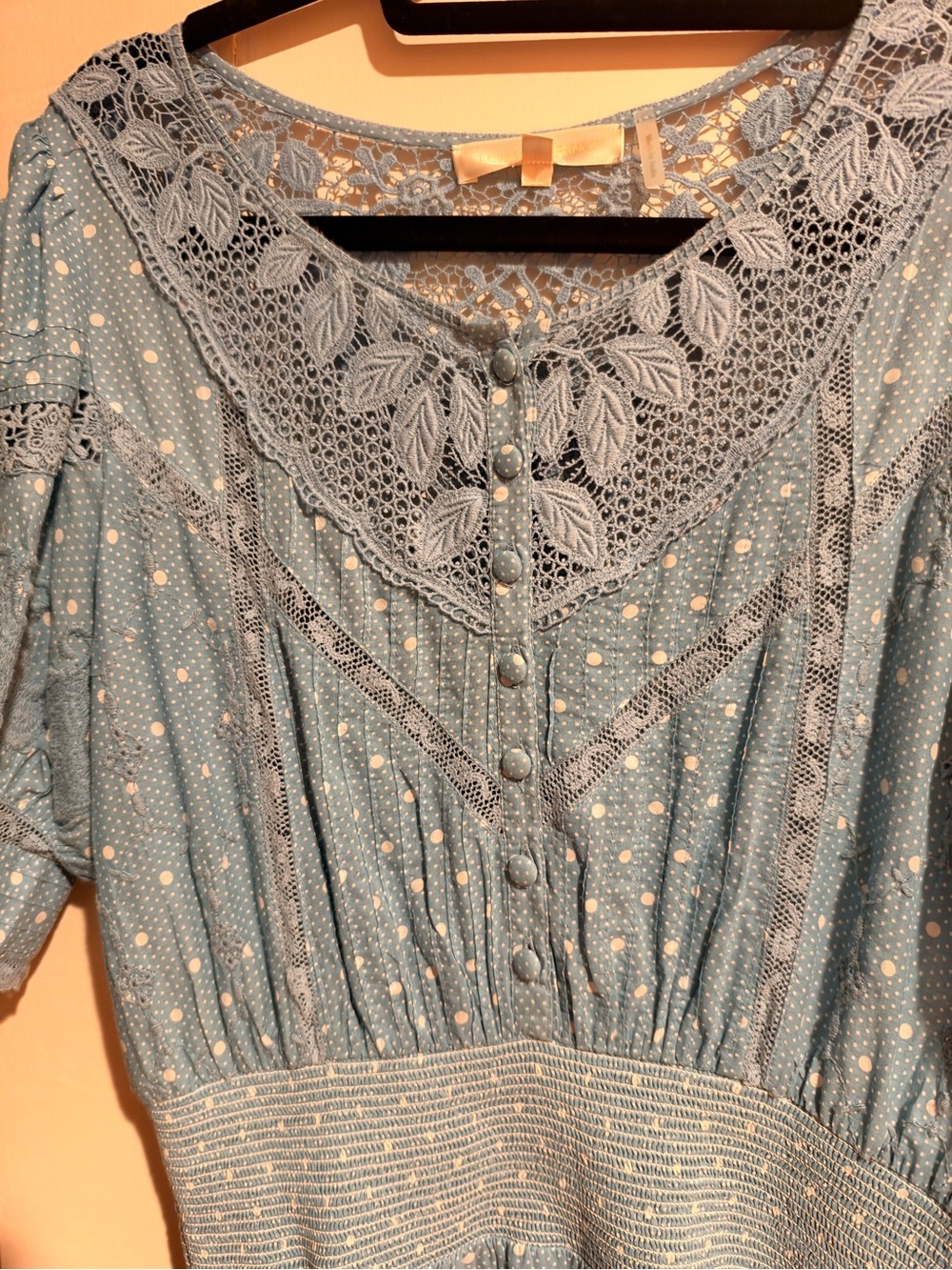 LoveShackFancy Light Blue Polka Dot Lace Yoke Midi Dress